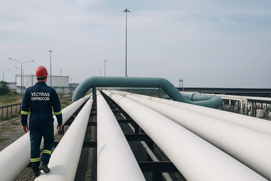 Worker inspecting large pipelines